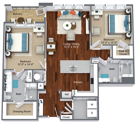 Floor plan for 2 beds, 2 baths, 1179 sqft